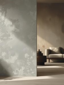 Wohnzimmer mit einer silbernen Blumen Tapete